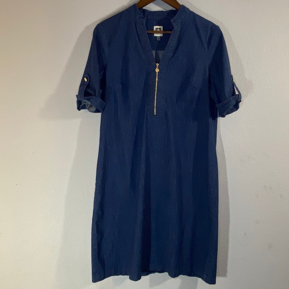 Anne Klein Dress Womens Size 8 Blue Roll Tab Sleeve Gold Zip Casual